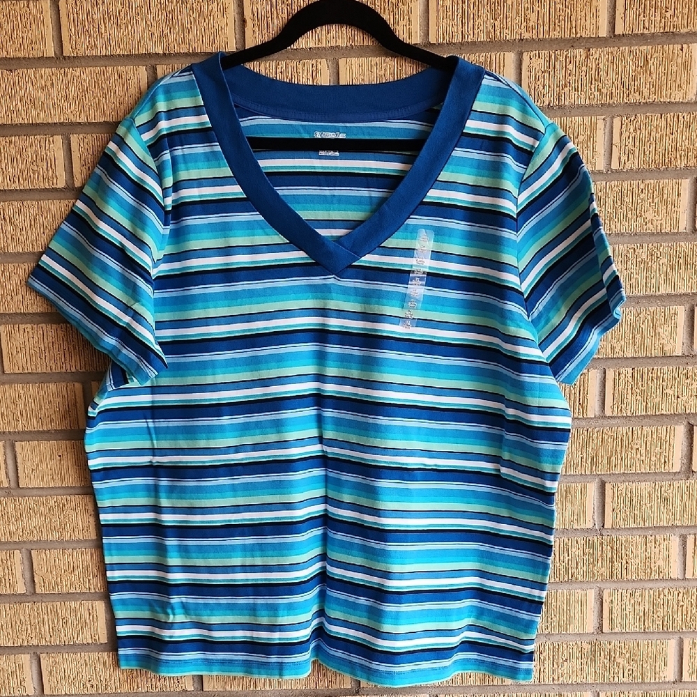 St. John's Bay Multi-Color Blue Striped Plus Size 3X V-Neck T-Shirt NWT